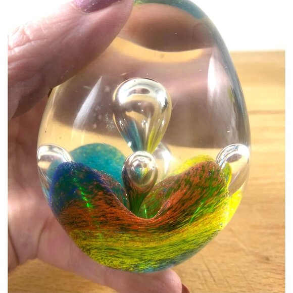 Handcrafted Art Glass Egg Paperweight With Vibrant Swirls & Bubbles - Picture 6 of 7